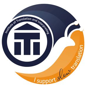 Snail with ITI Logo as the shell. Words read I support slow translation