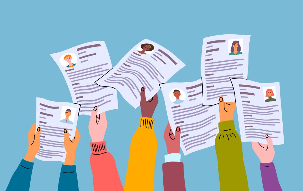 Cartoon image of people holding paper CVs